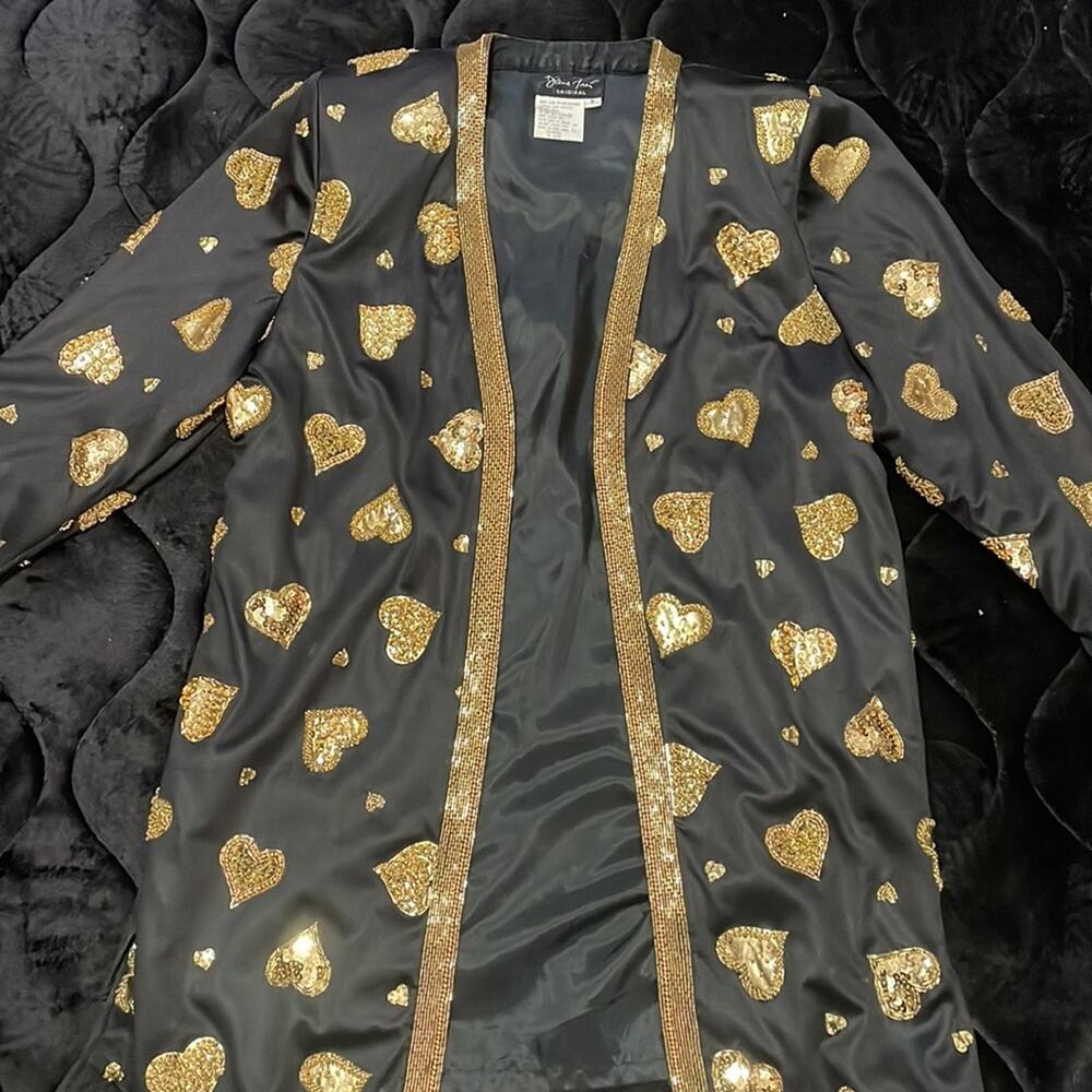 VTG Diane freis 80s black gold hearts beaded sequin embroidered blazer jacket s
